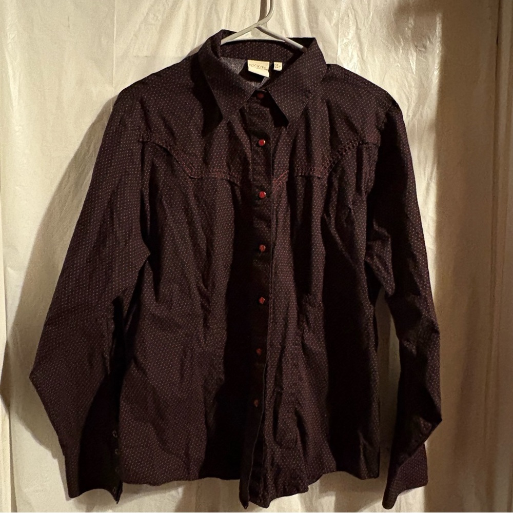 Vtg Rockies Pearl Snap Western Shirt Womens XL Red Black Polka Dot Long Sleeve‎